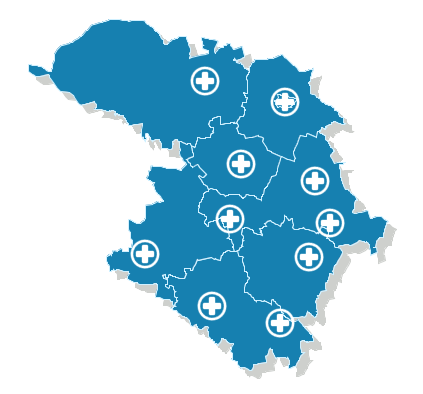 Mapa Powiatu Szamotulskiego z podziałem na gminy. W poszczególnych miejscach zaznacozno Punkty badań.