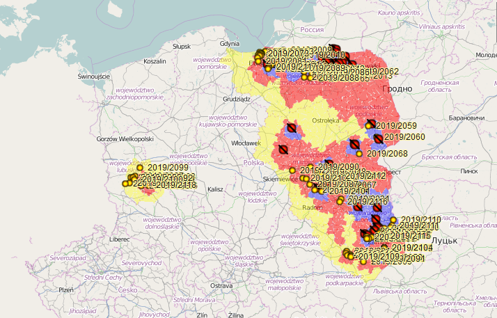 Ilustracja przedstawia mapę Polski. Na mapie zaznaczone są ogniska i przypadki ASF, a także obszary objęte restrykcjami.