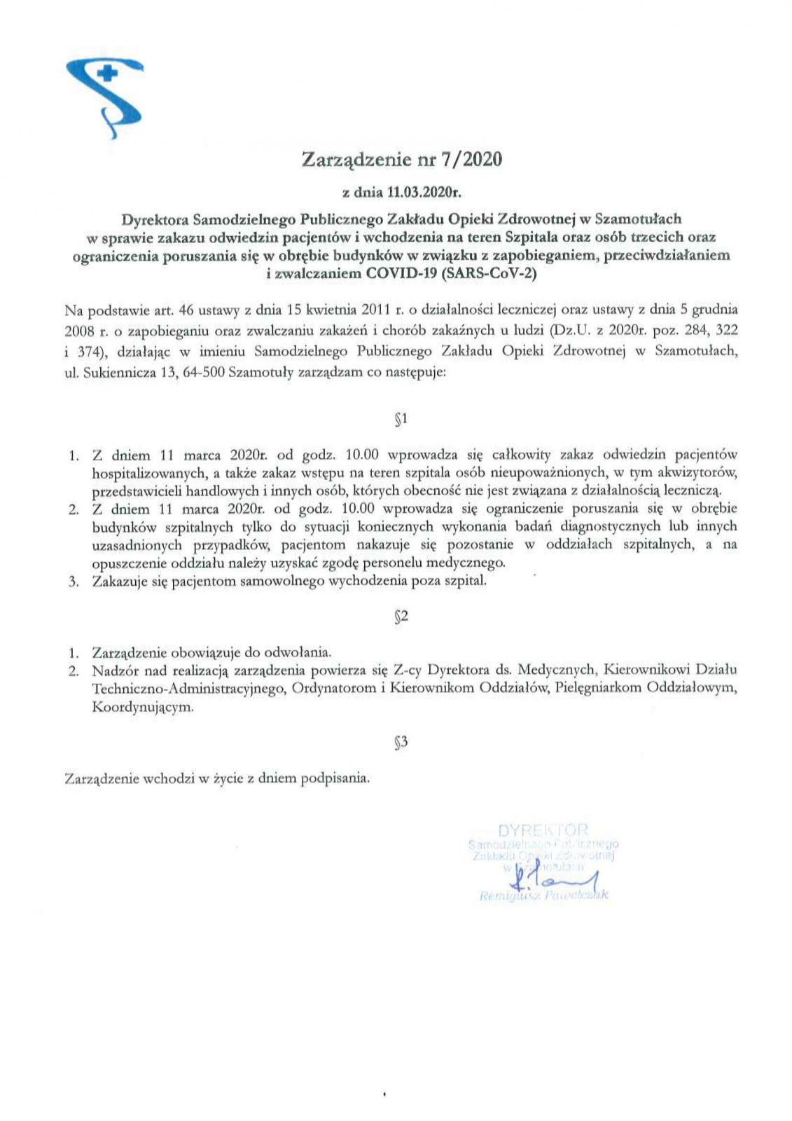 Zarządzenie Dyrektora SP ZOZ nr 7/2020 z dn. 11.03.2020 r.
