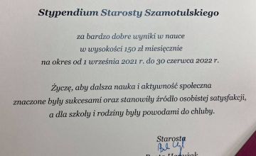 Stypendia Starosty Szamotulskiego za bardzo dobre wyniki w nauce